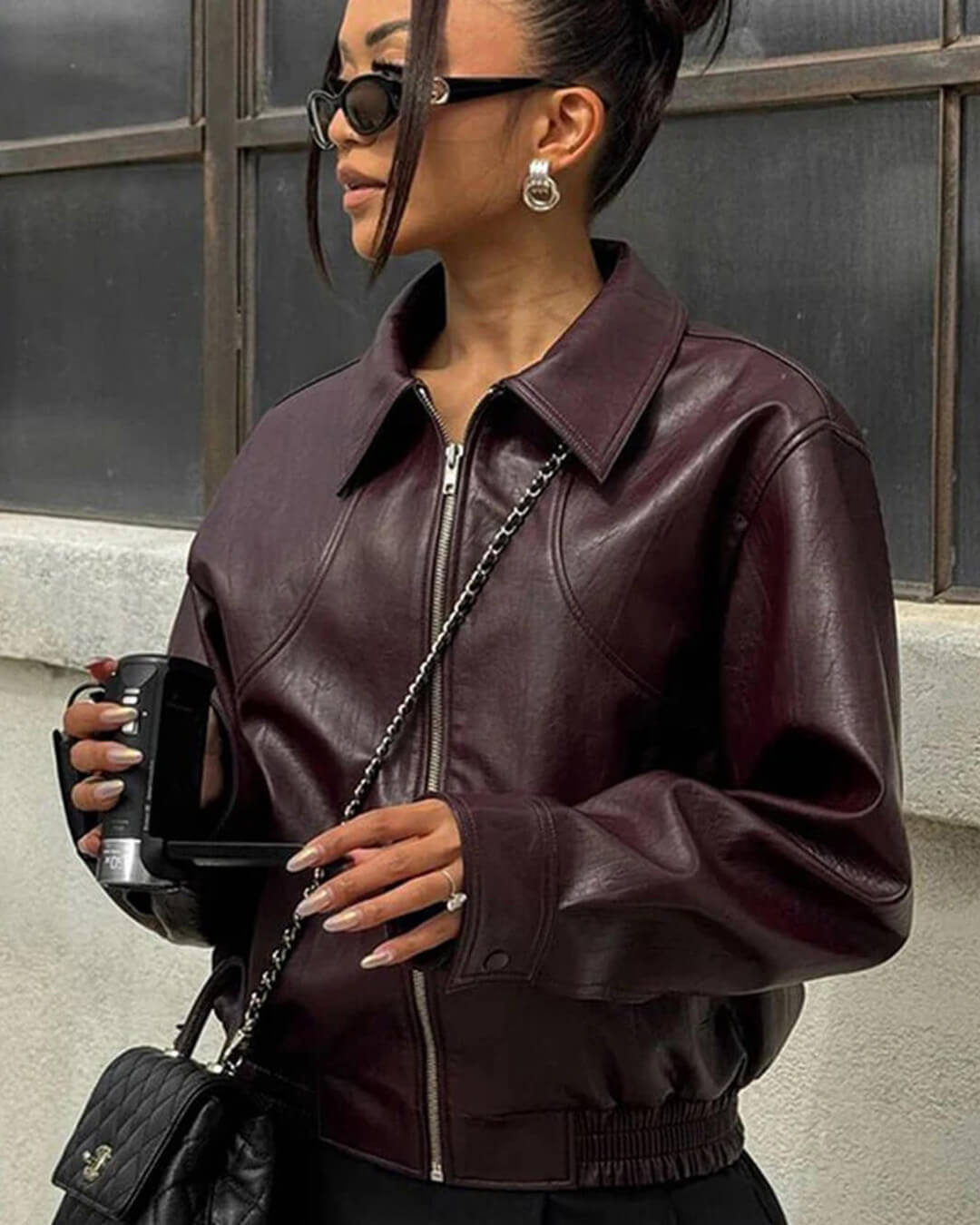 OLANE Classic Faux Leather Lapel Jacket WineLJacket