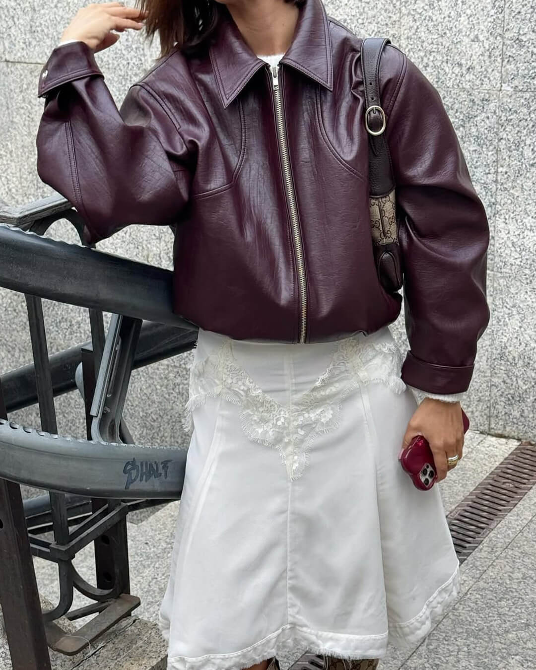OLANE Classic Faux Leather Lapel Jacket WineLJacket