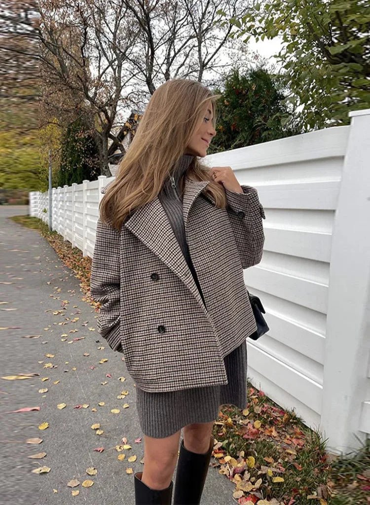 OLANE Classic Houndstooth Buttoned Collar Jacket SWomen's Coats & Jackets