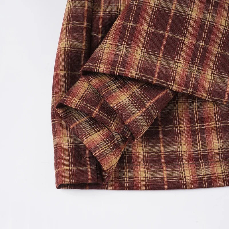 OLANE Classic Long Sleeve Plaid Mini Dress BurgundyMWomen's Dresses