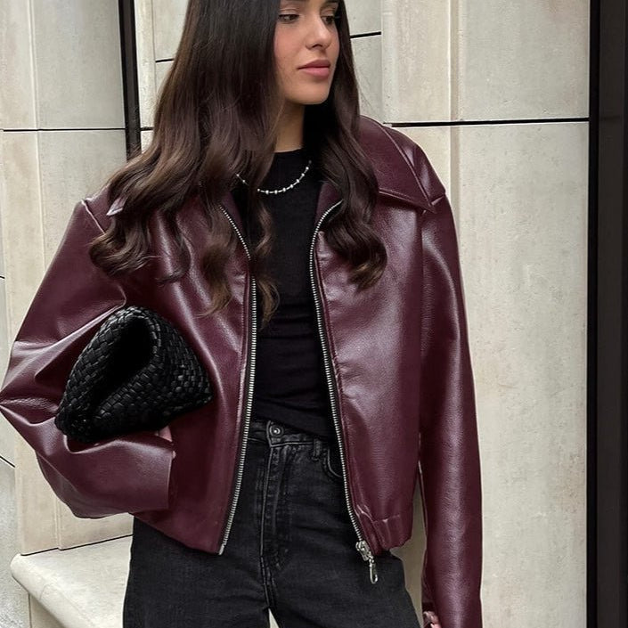 OLANE Classic Matte Leather Moto Jacket BurgundyMWomen's Coats & Jackets