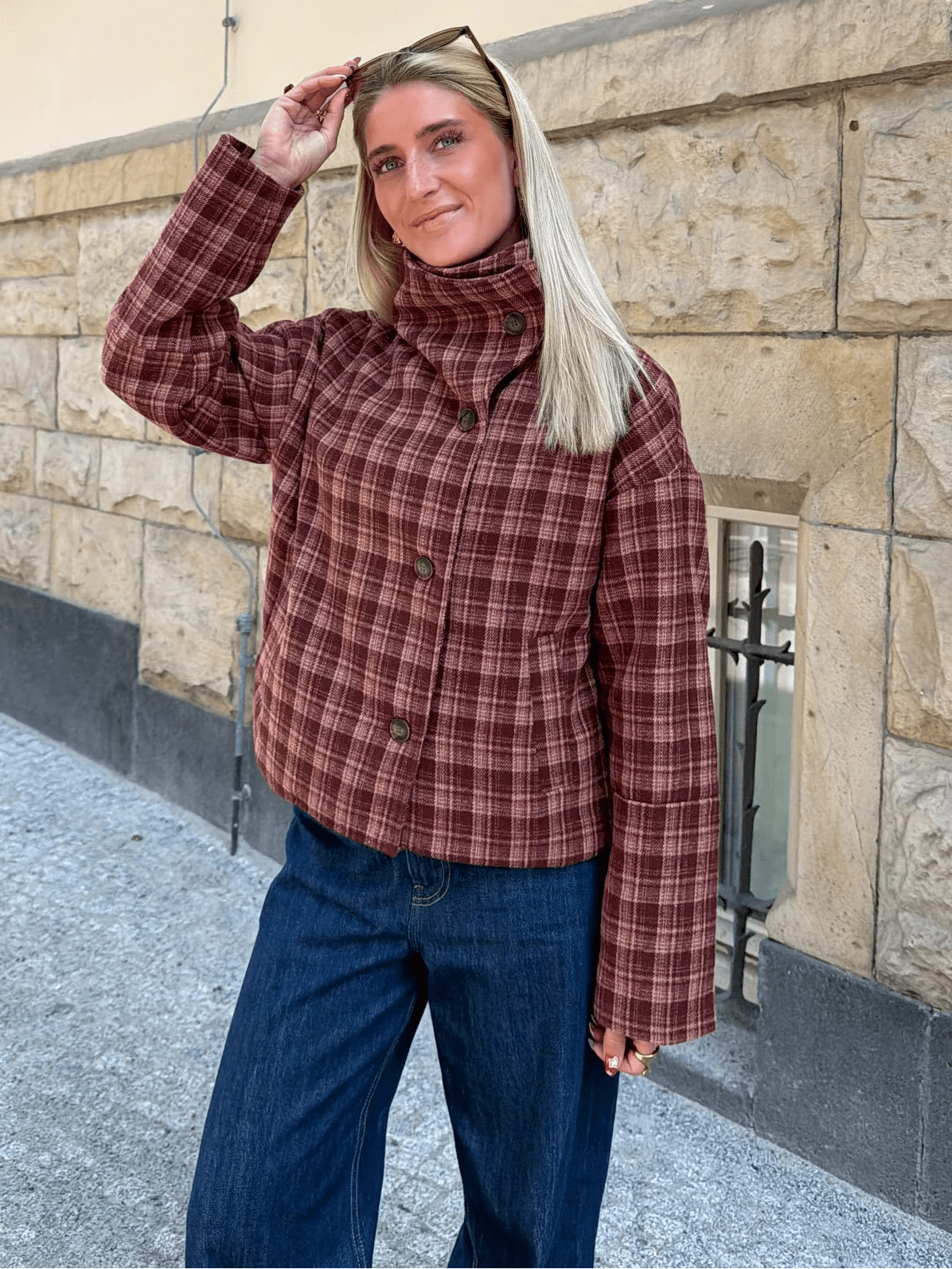 OLANE Classic Plaid Stand Collar Coat MWomen's Coats & Jackets
