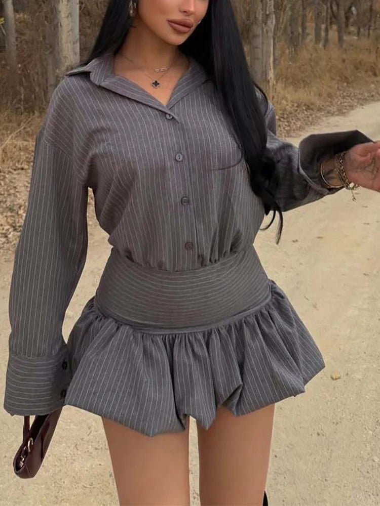 OLANE Classic Striped Shirt & Mini Skirt Set BrownSDress
