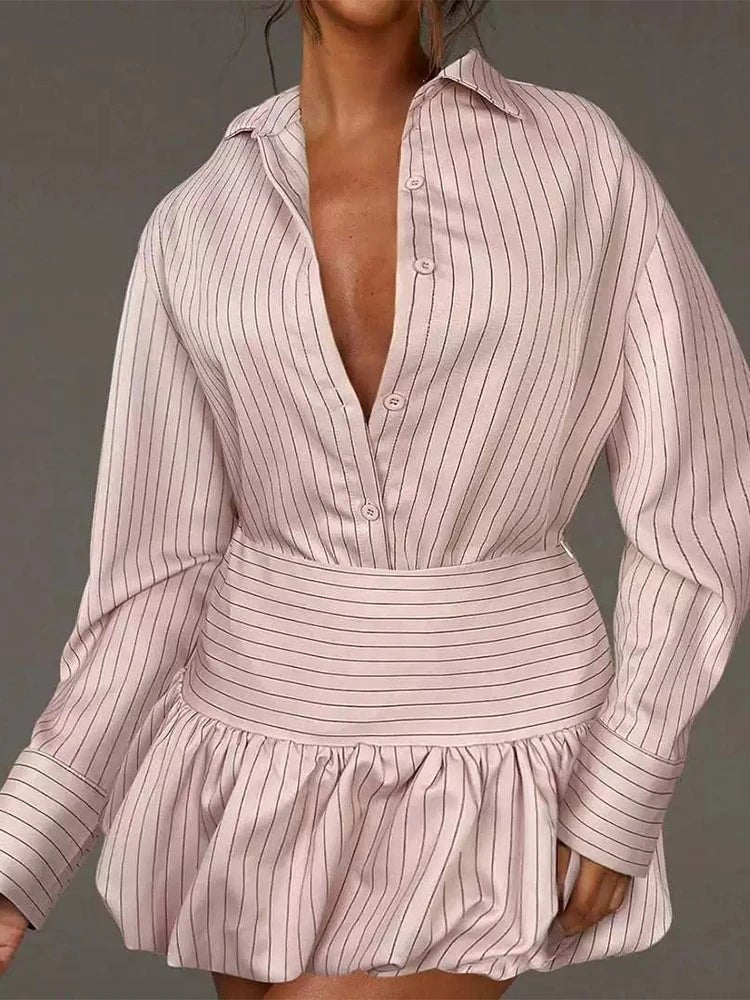 OLANE Classic Striped Shirt & Mini Skirt Set GreySDress