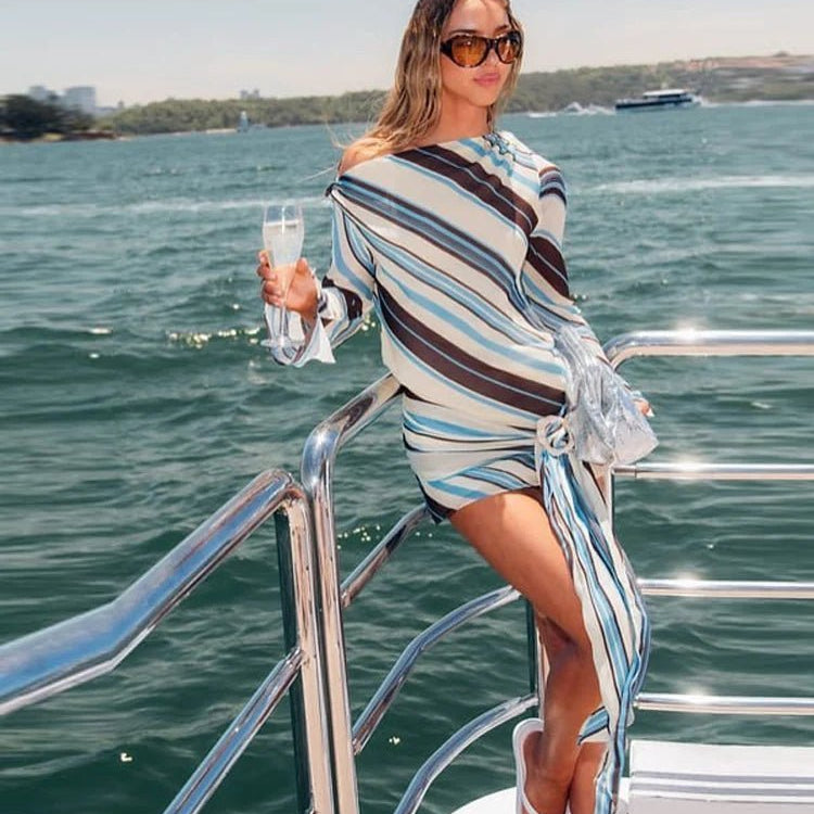 OLANE Classic Striped Skew Collar Mini Dress BlueSWomen’s Dresses
