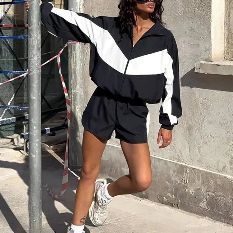 OLANE Colorblock Jacket and Shorts Sport Set BlackSWomen's Sets