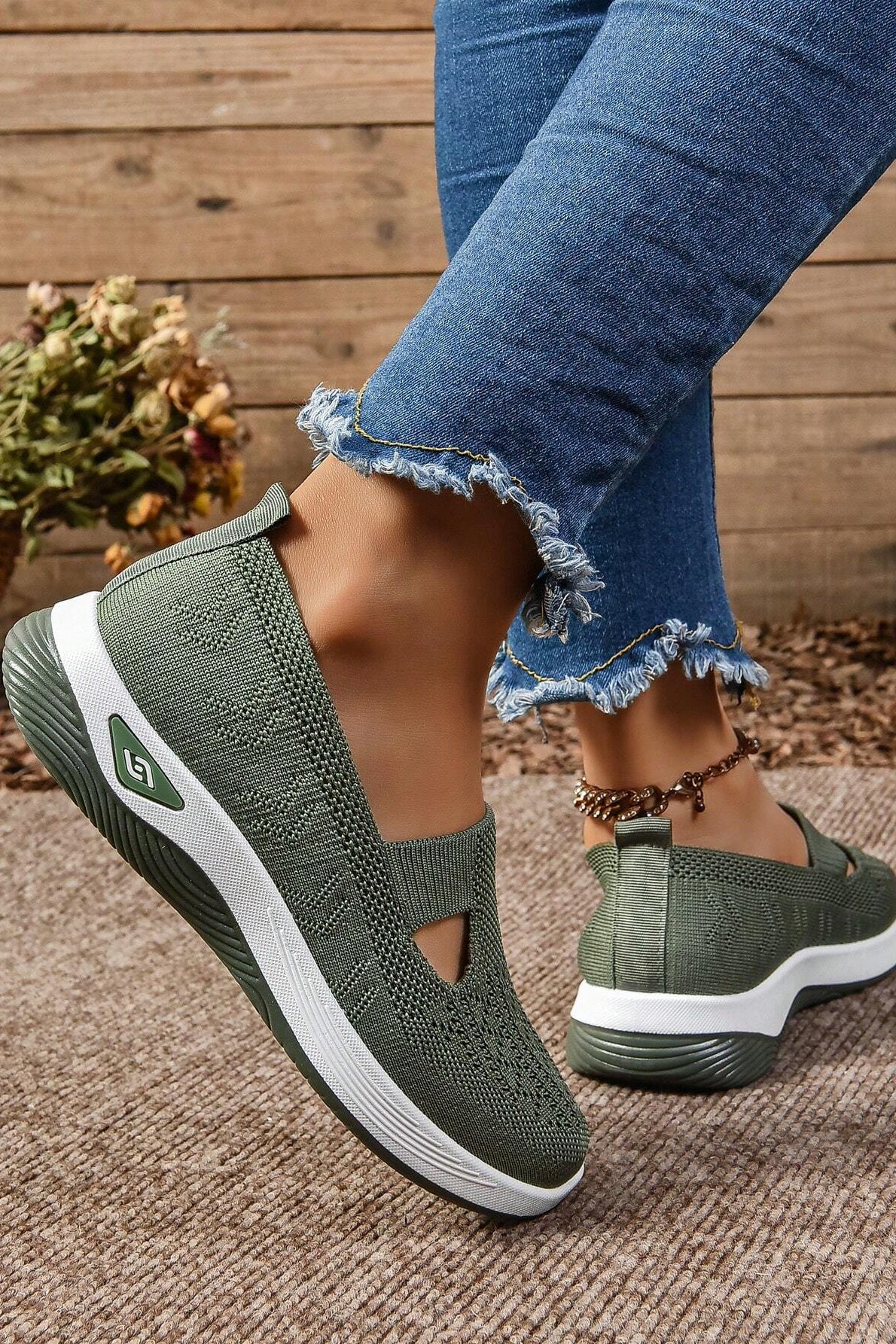 OLANE Comfort Slip-On Knitted Walking Shoe Green35/5Women's Shoes