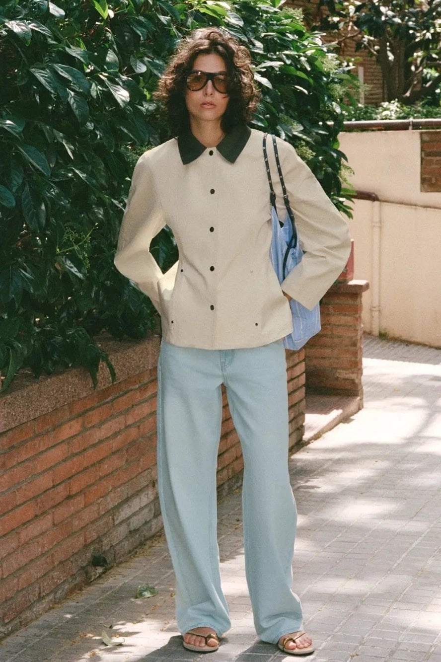 OLANE Contrast Collar Peplum Jacket BeigeSWomen's Coats & Jackets