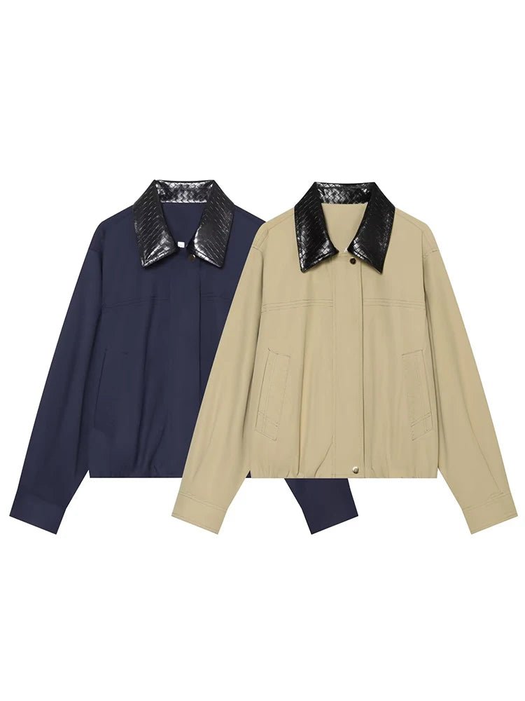 OLANE Contrast Collar Zip-Up Bomber Jacket NavySWomen's Coats & Jackets