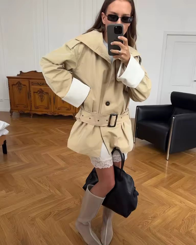 OLANE Contrast Cuffs Belted Trench Coat BeigeSWomen's Coats & Jackets