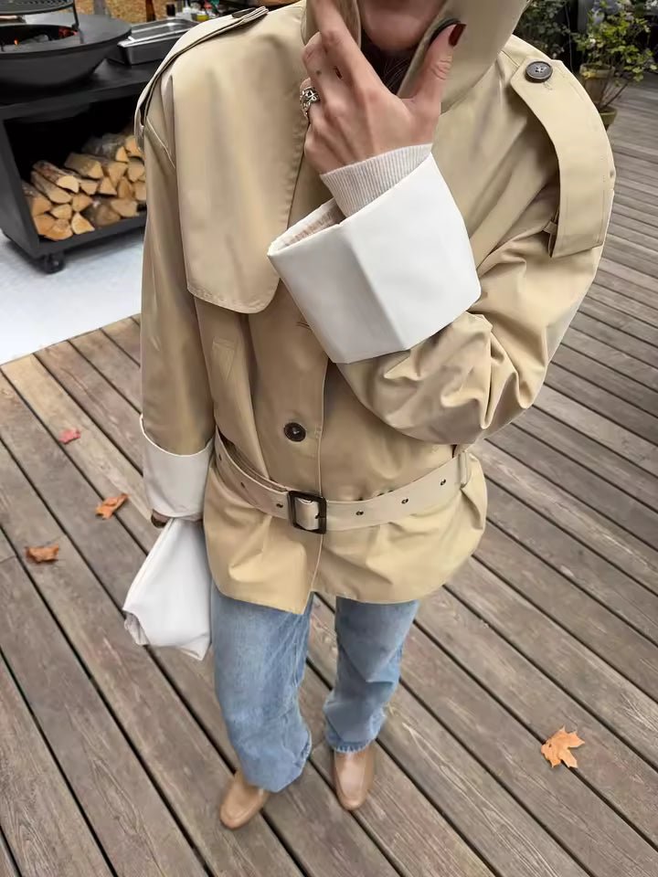 OLANE Contrast Cuffs Belted Trench Coat BeigeSWomen's Coats & Jackets