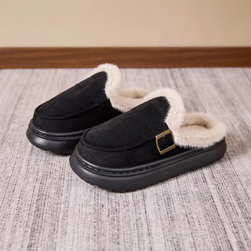 OLANE Cozy Fur-Lined Mule Platform Slippers Black36Shoes