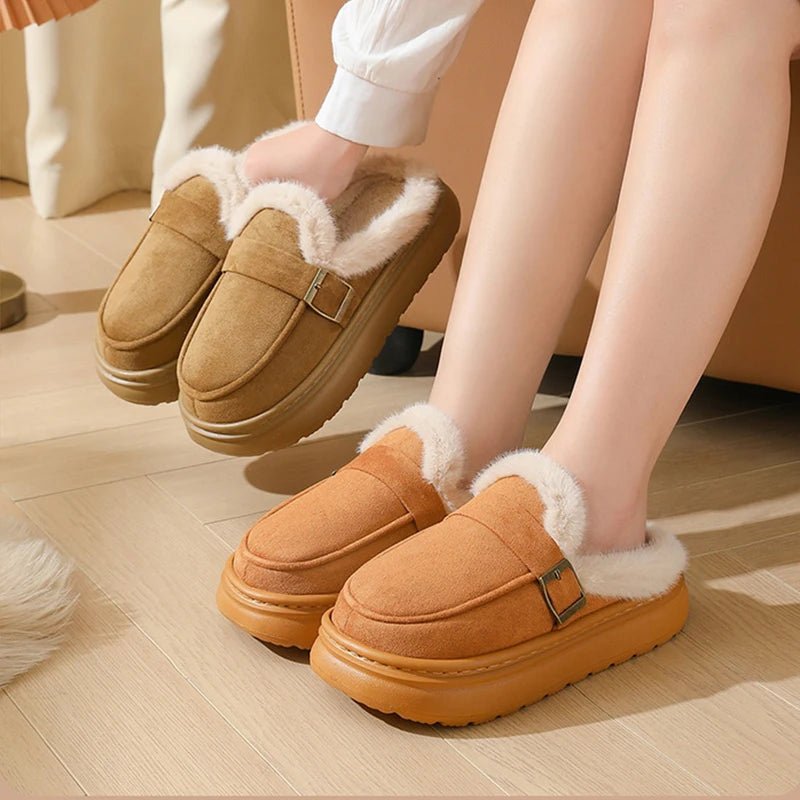 OLANE Cozy Fur-Lined Mule Platform Slippers Tan36Shoes