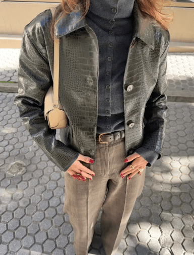 OLANE Crocodile Embossed Leather Jacket GreenSWomen's Coats & Jackets