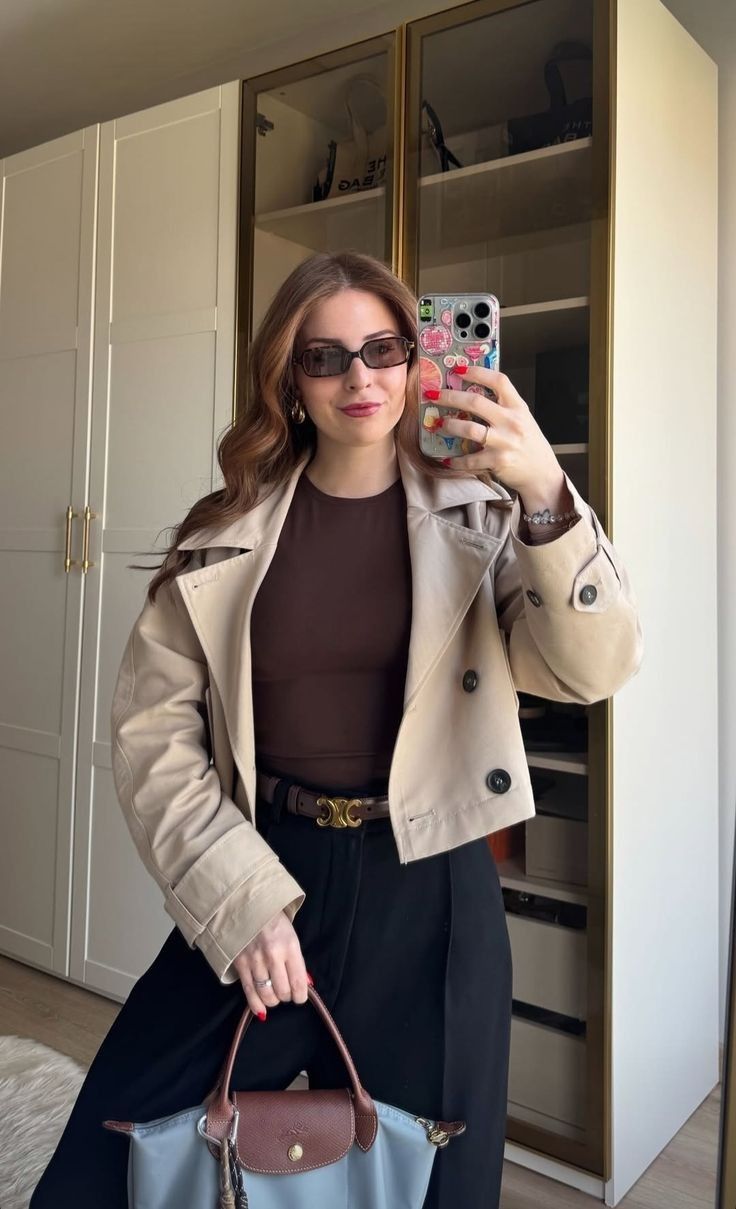 OLANE Cropped Double Breasted Trench Coat BeigeLCoat