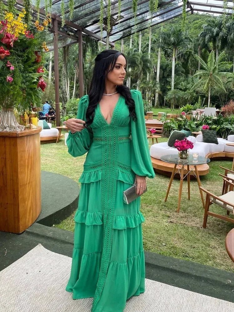 OLANE Deep V - Neck Ruffle Maxi Dress GreenSWomen's Dresses