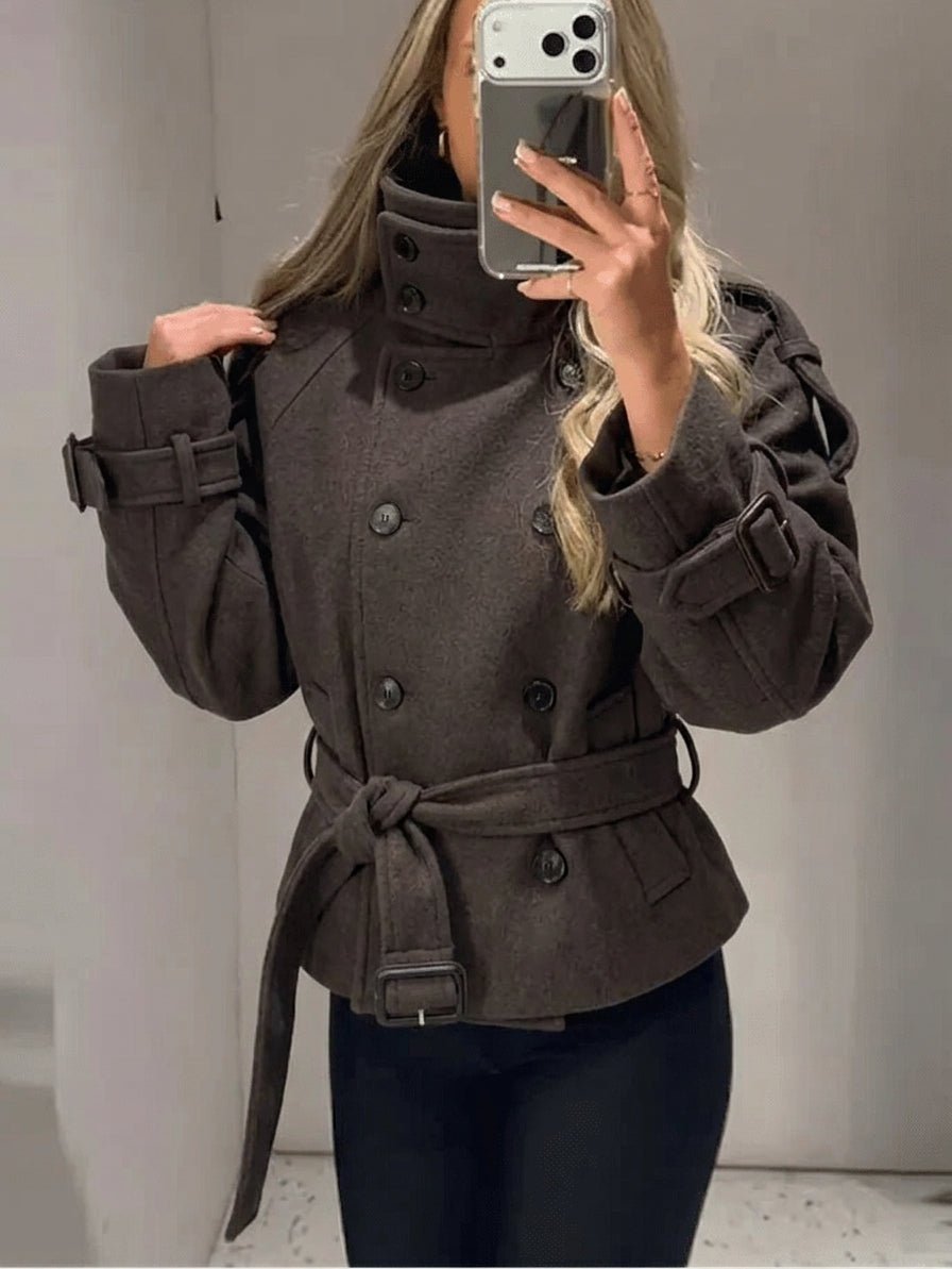 OLANE Double Breasted Belted Stand Collar Coat MWomen's Coats & Jackets