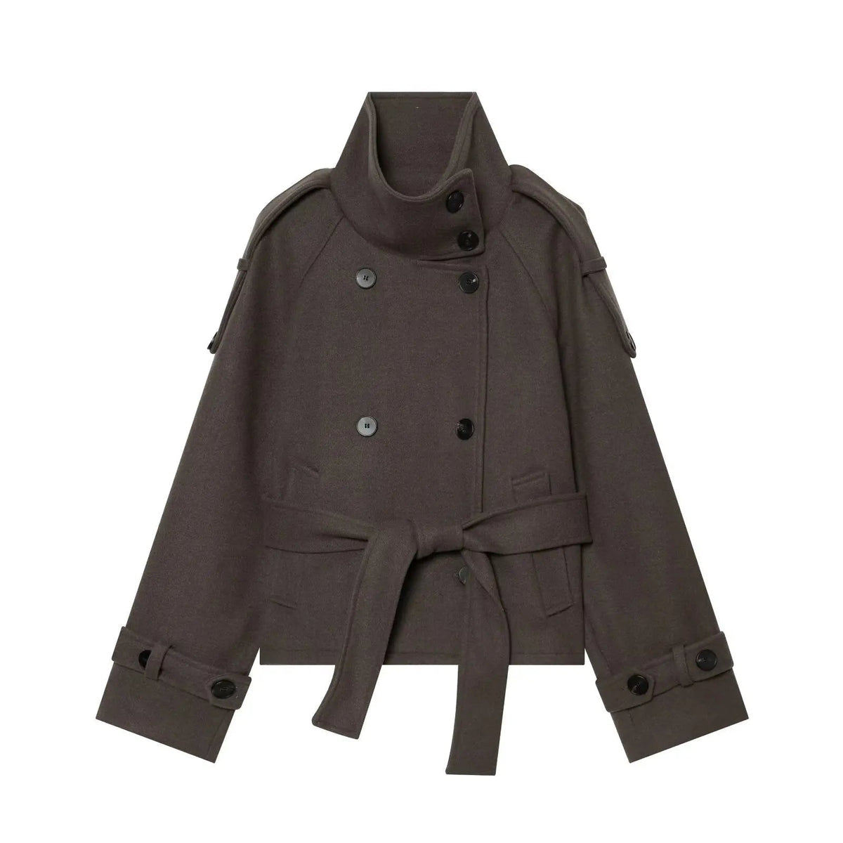 OLANE Double Breasted Belted Stand Collar Coat MWomen's Coats & Jackets