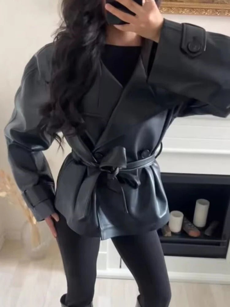 OLANE Double-Breasted Faux Leather Lace-Up Trench Coat BlackSCoat