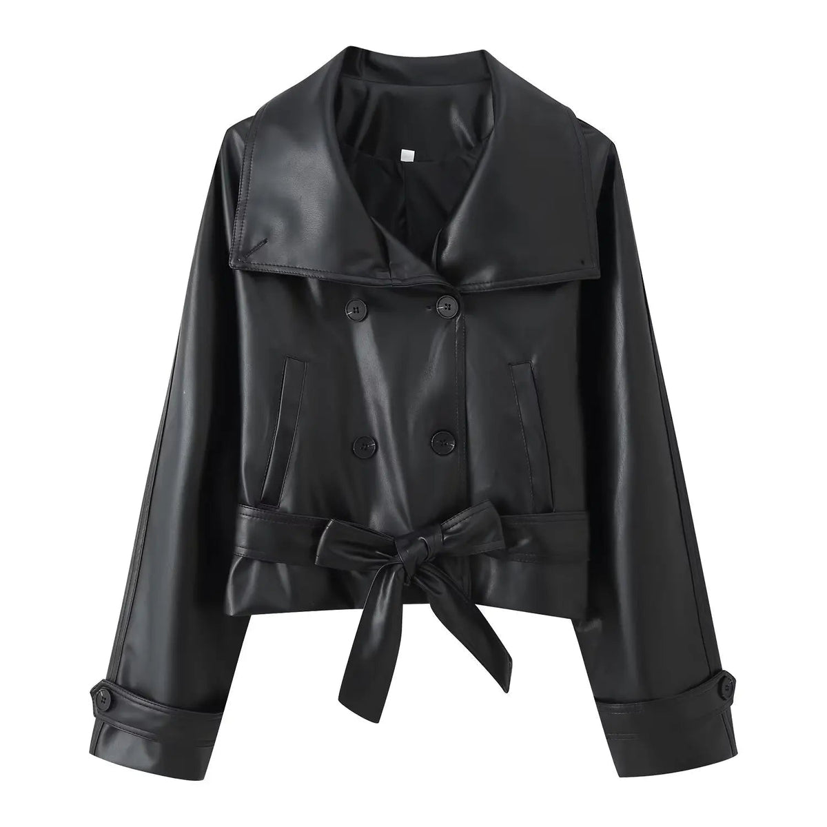 OLANE Double-Breasted Faux Leather Lace-Up Trench Coat BlackSCoat