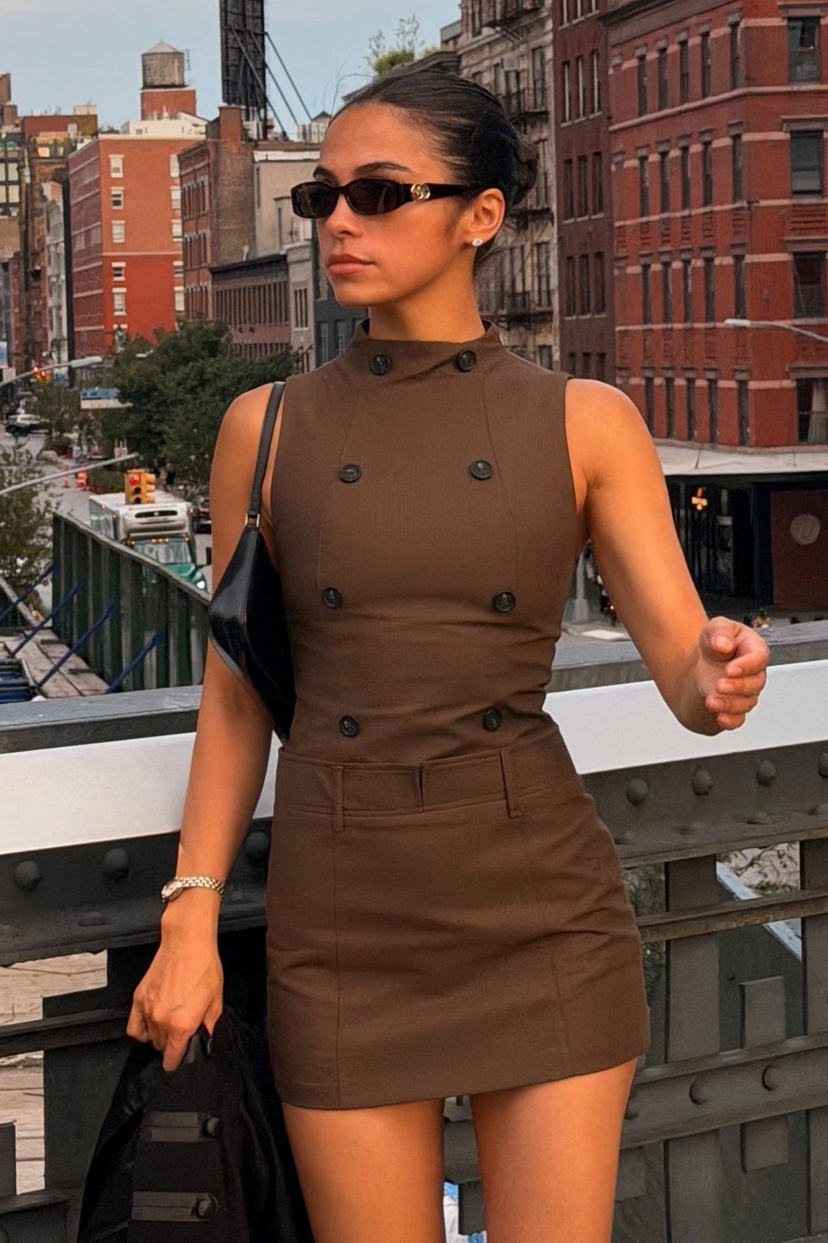 OLANE Double-Breasted Sleeveless Mini Dress BrownSDress