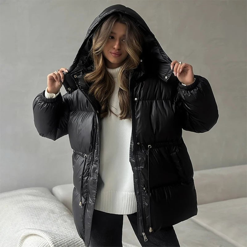 OLANE Drawstring Hooded Puffer Coat BlackMWomen's Coats & Jackets