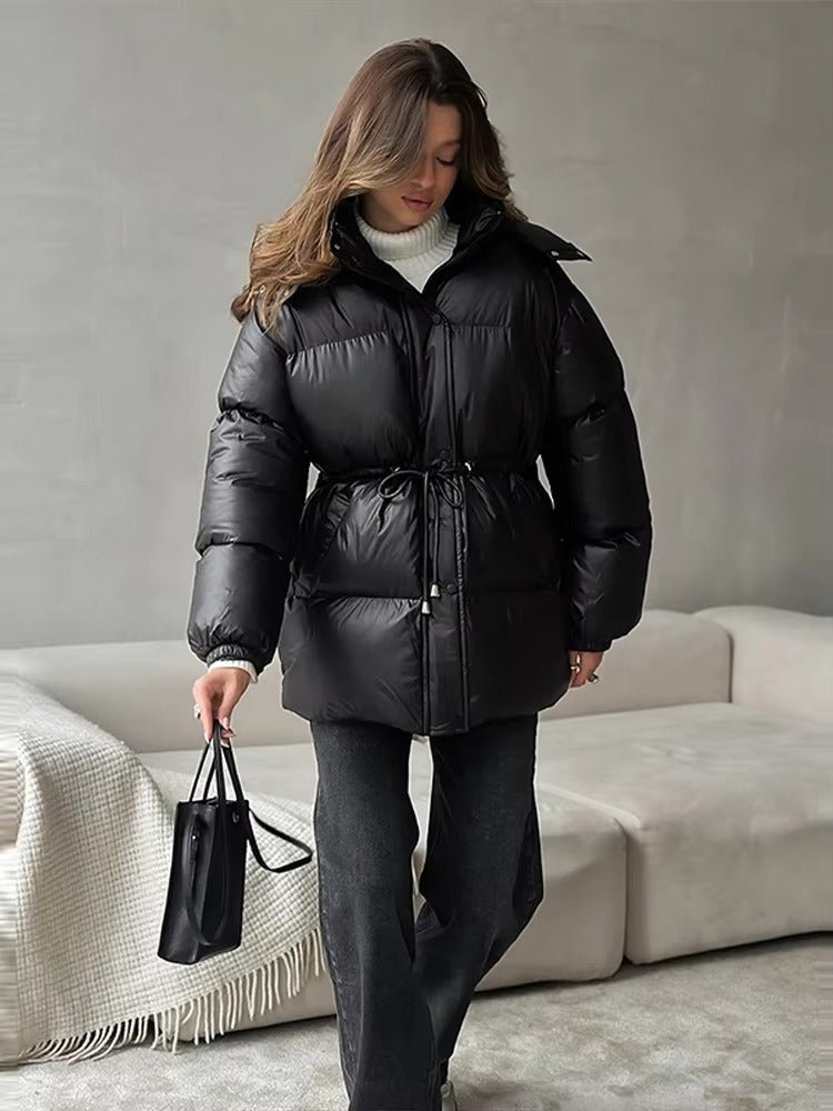 OLANE Drawstring Hooded Puffer Coat BlackSWomen's Coats & Jackets