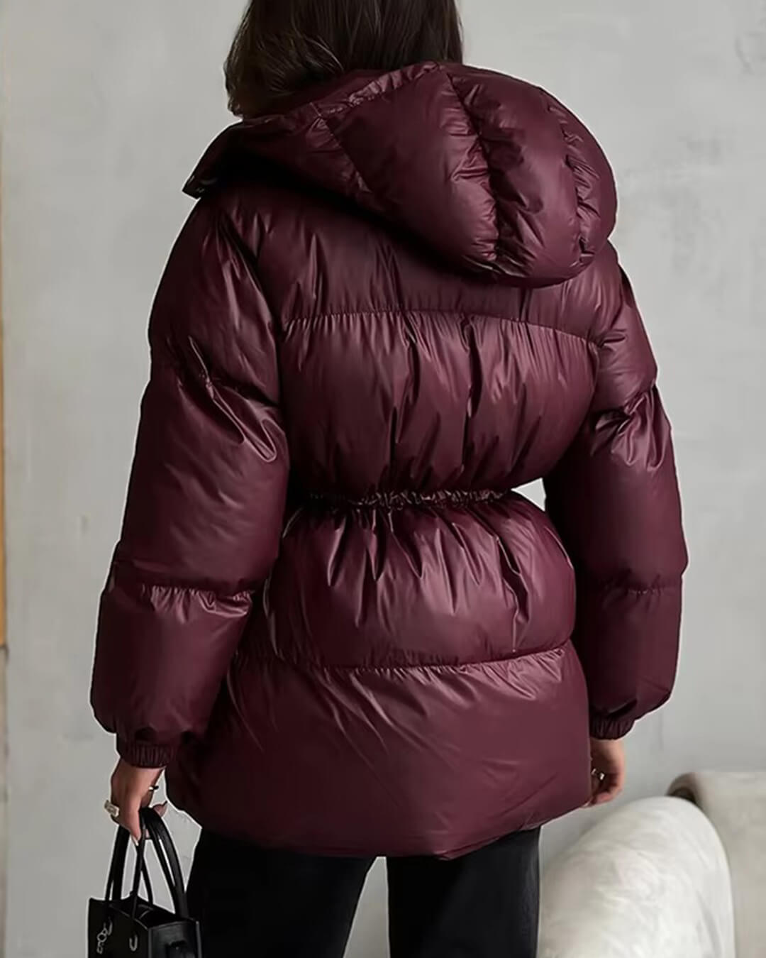OLANE Drawstring Hooded Puffer Coat BurgundySWomen's Coats & Jackets