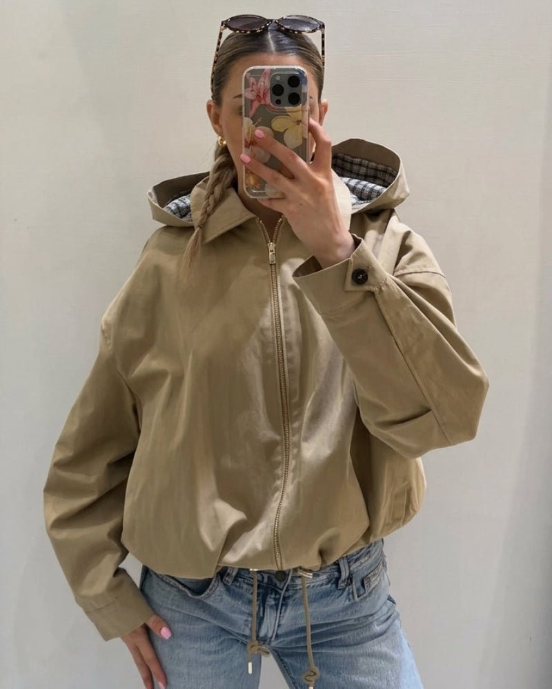 OLANE Drawstring Hooded Zip Jacket BeigeMJacket