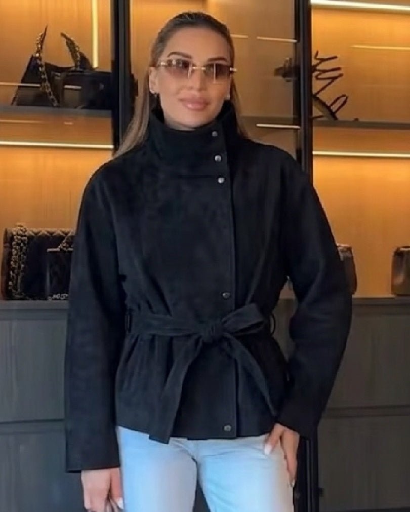 OLANE Elegant Belted Lace-Up Suede Jacket BlackXSJacket
