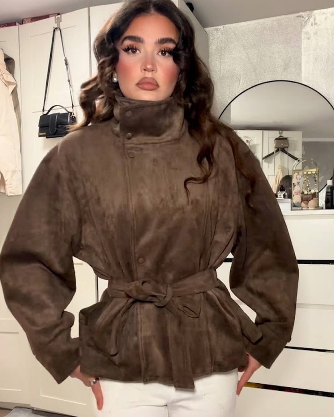 OLANE Elegant Belted Lace-Up Suede Jacket BrownXSJacket