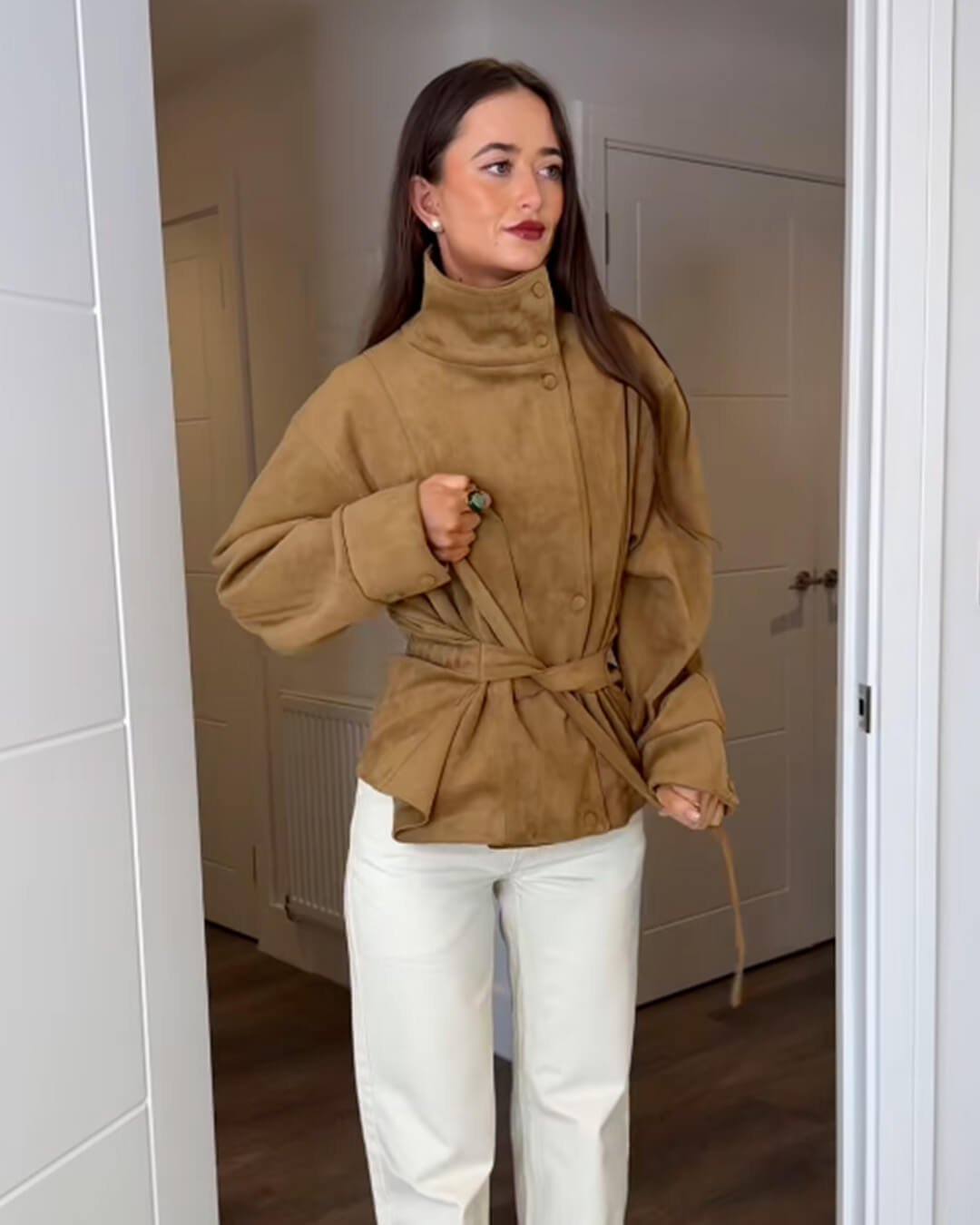 OLANE Elegant Belted Lace-Up Suede Jacket CamelXSJacket
