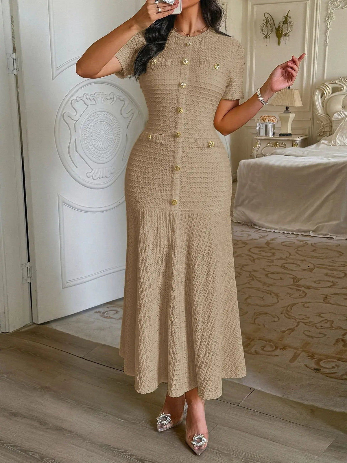 OLANE Elegant Bodycon Flared Midi Dress BeigeSDress