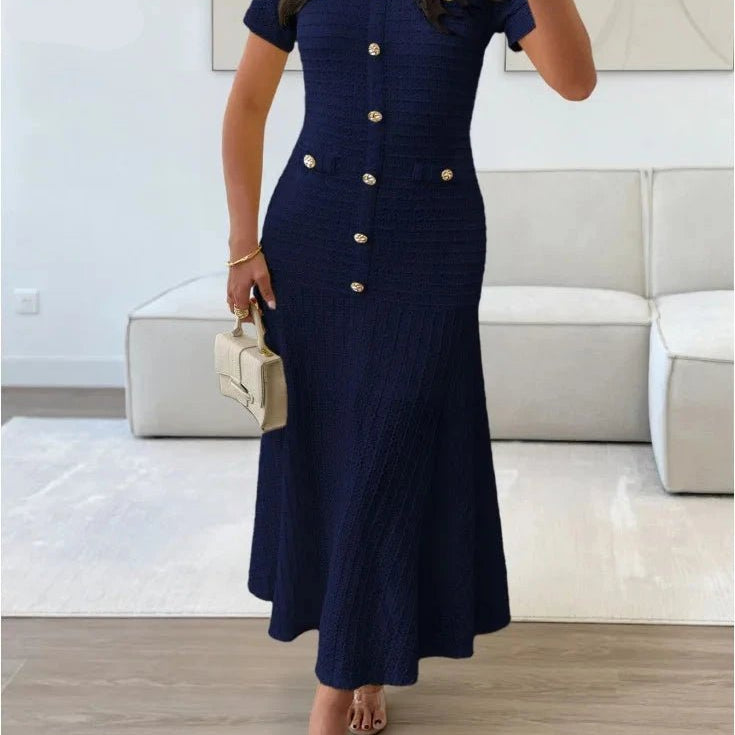 OLANE Elegant Bodycon Flared Midi Dress Navy BlueSDress