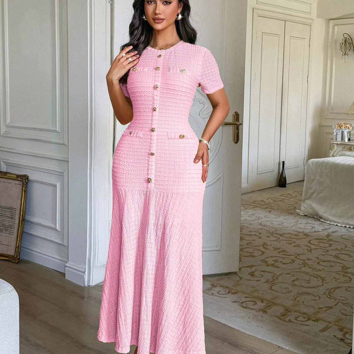 OLANE Elegant Bodycon Flared Midi Dress PinkSDress