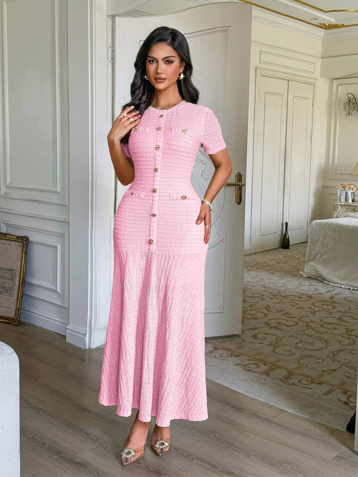 OLANE Elegant Bodycon Flared Midi Dress PinkSDress