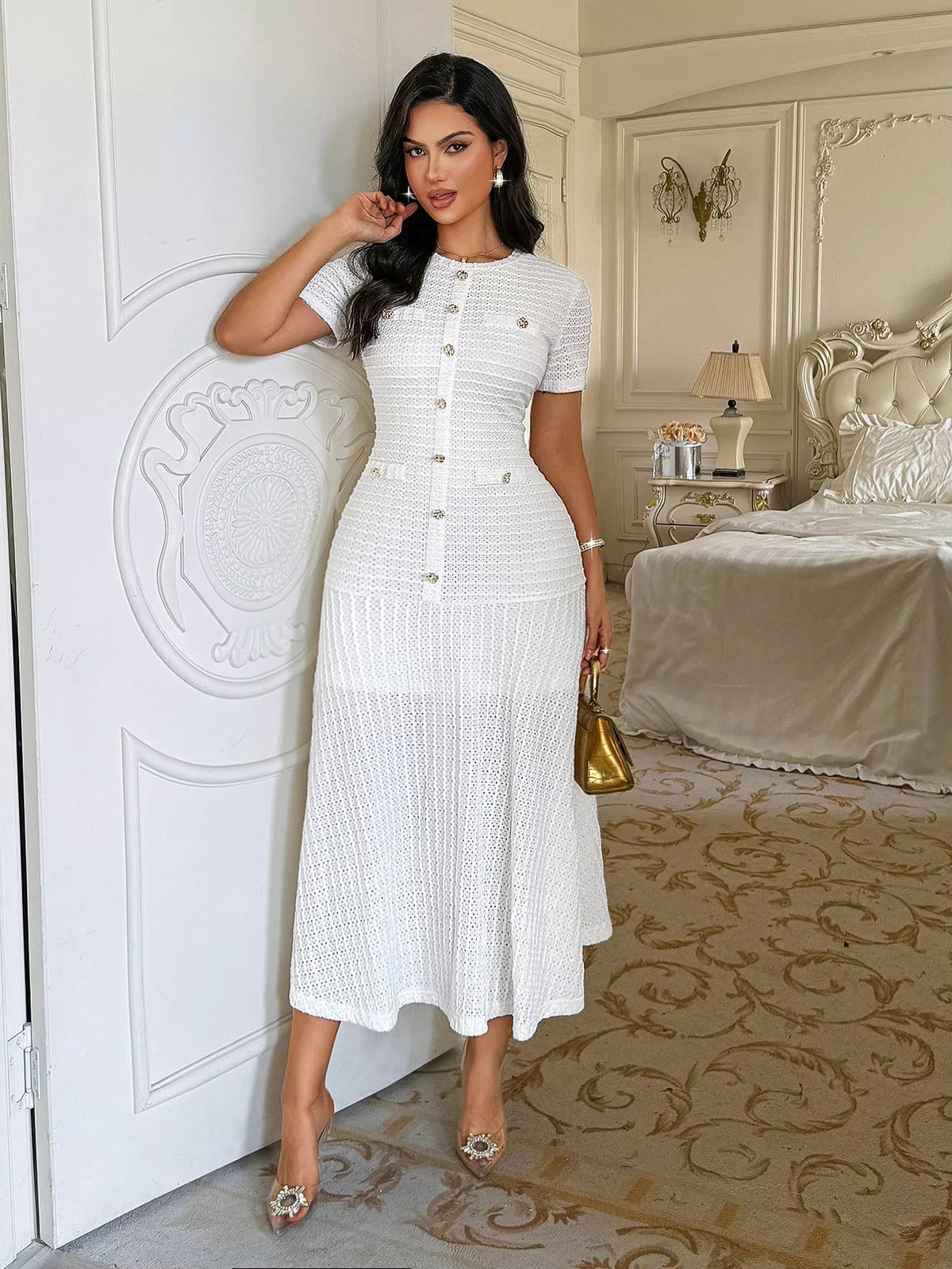 OLANE Elegant Bodycon Flared Midi Dress WhiteSDress