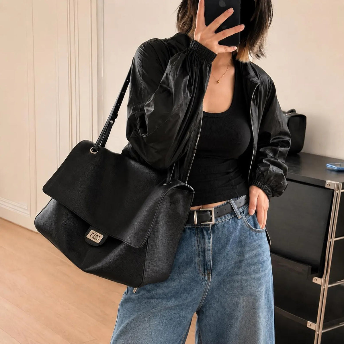 OLANE Elegant Crossbody Shopper Bag SmallBlackBag