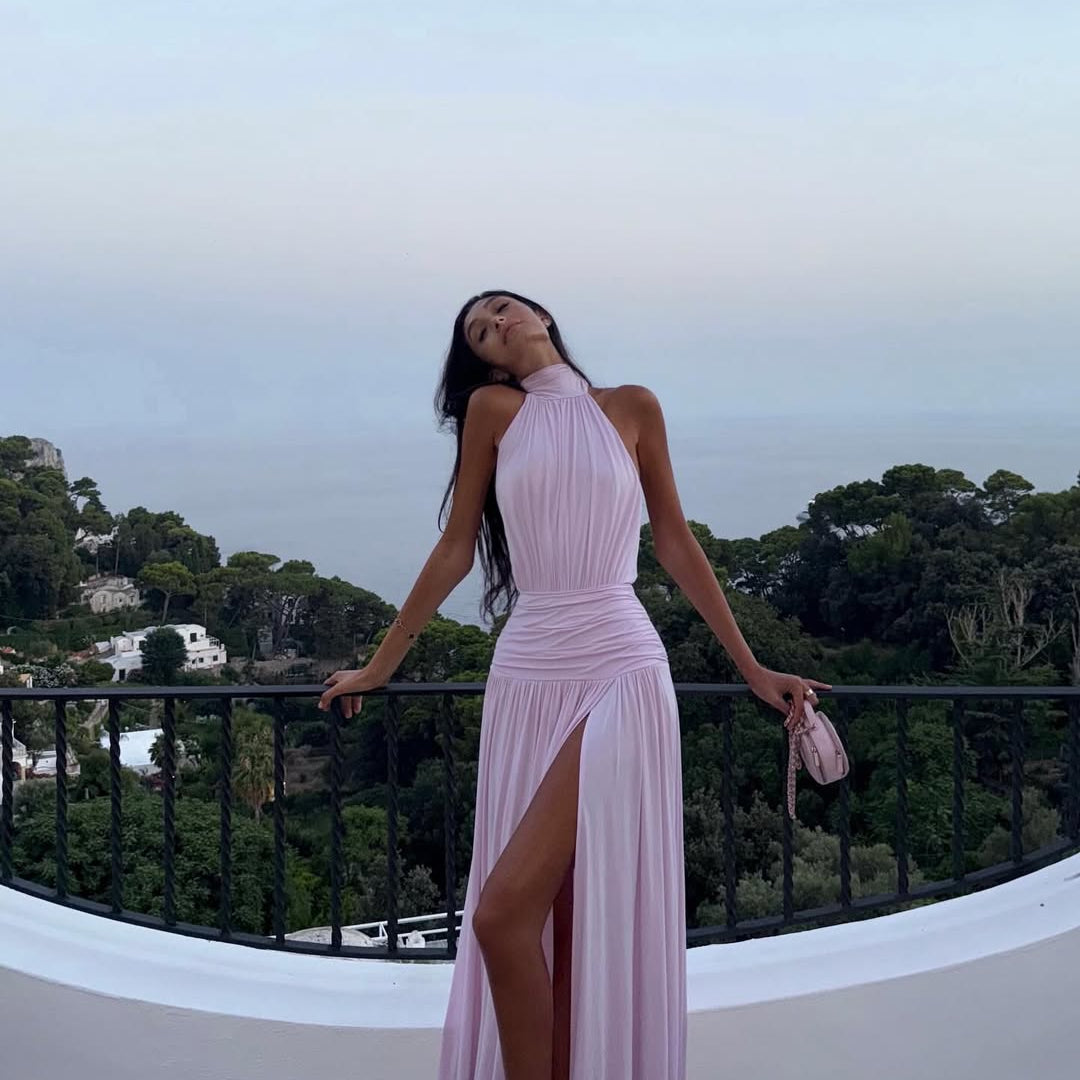 OLANE Elegant Halter Pleated Maxi Dress PinkSWomen's Dresses