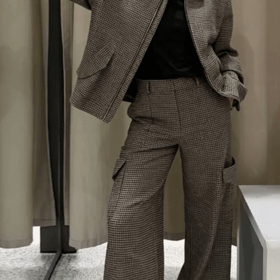 OLANE Elegant Houndstooth Padded Suit Set PantsXSSuit