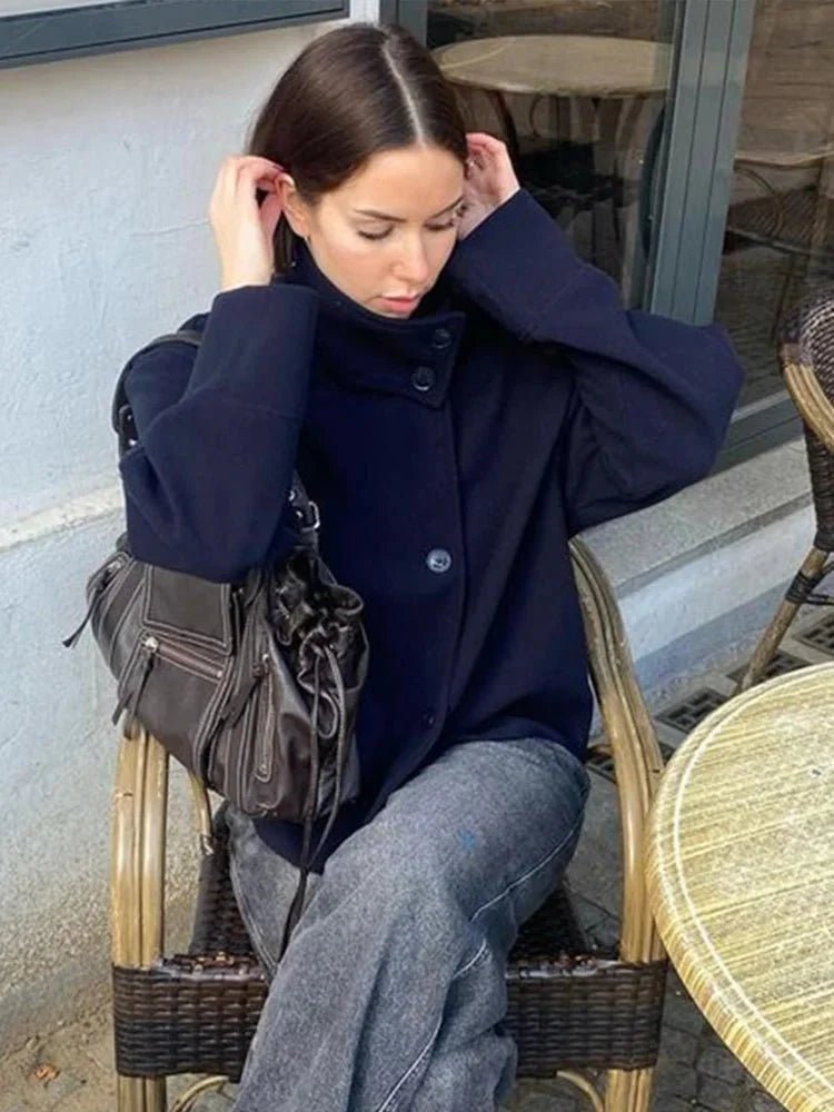 OLANE Elegant Jacket with Stand Collar Navy BlueLWomen's Coats & Jackets