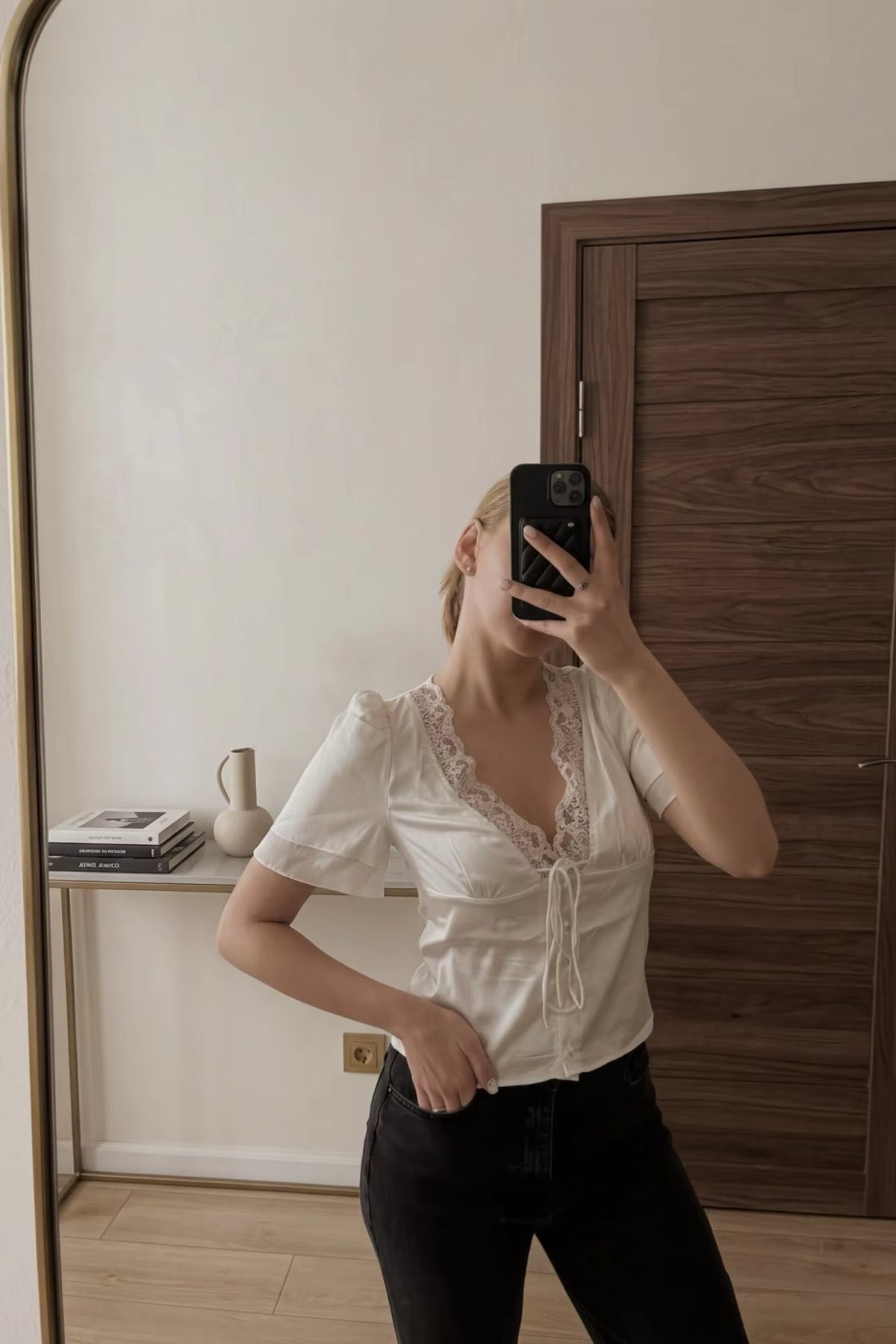OLANE Elegant Satin Lace Trim Blouse BeigeLWomen's Tops