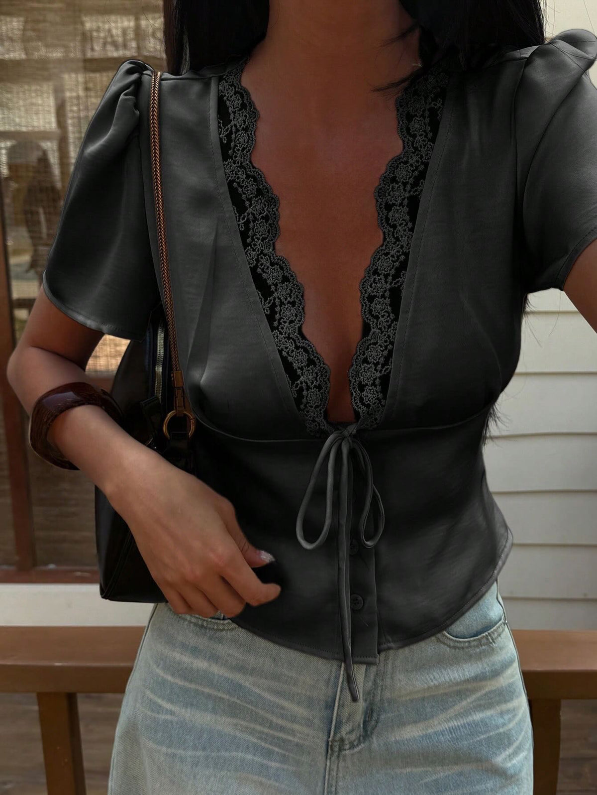 OLANE Elegant Satin Lace Trim Blouse BlackSWomen's Tops