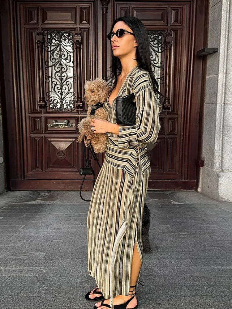 OLANE Elegant Striped Maxi V-Neck Dress SWomen’s Dresses