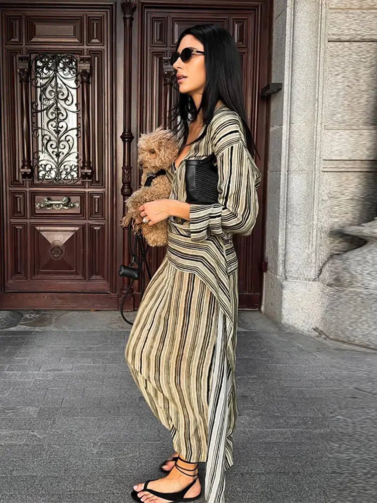 OLANE Elegant Striped Maxi V-Neck Dress SWomen’s Dresses