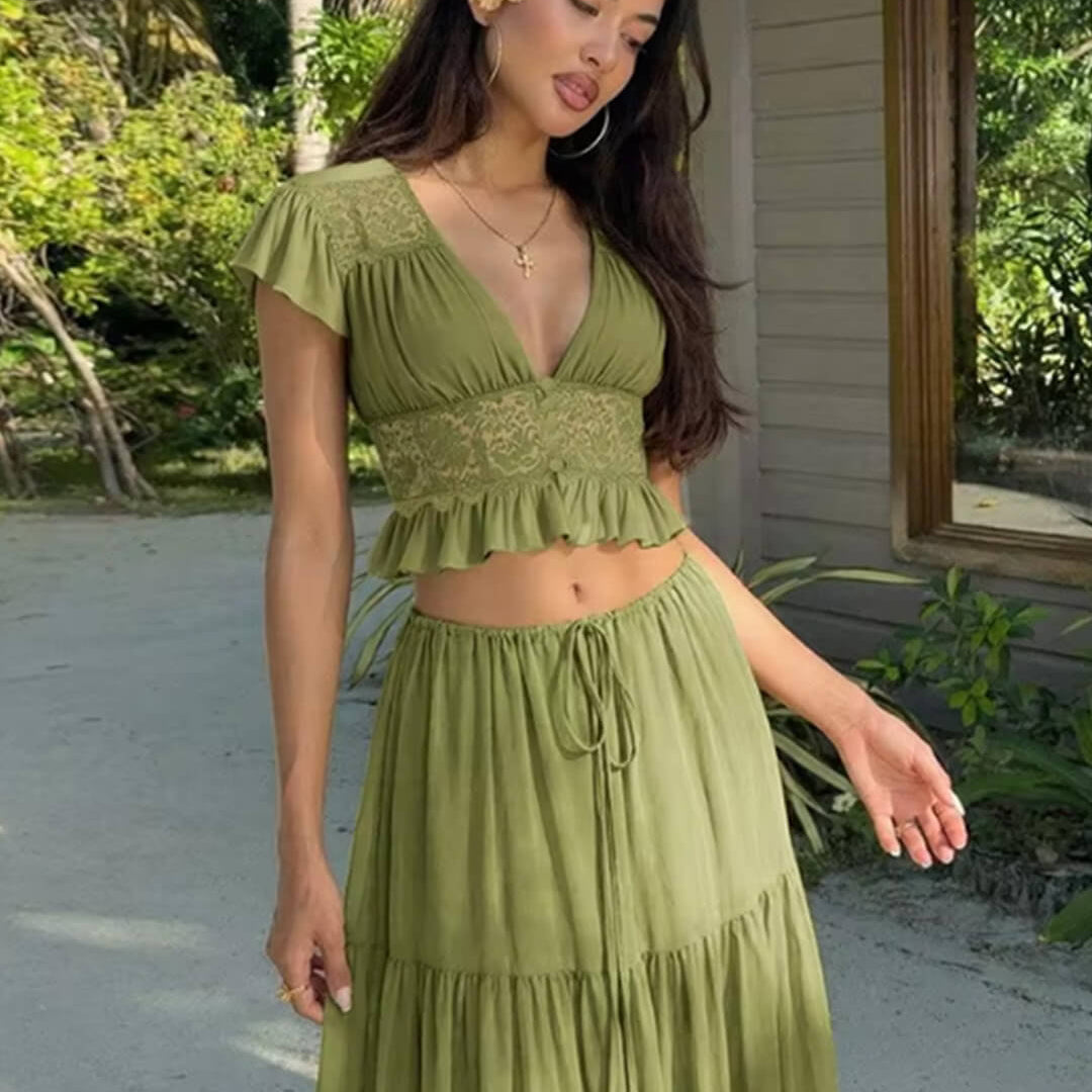 OLANE Ella Lace Crop Top Chiffon Two-Piece Set GreenXSWomen's Sets