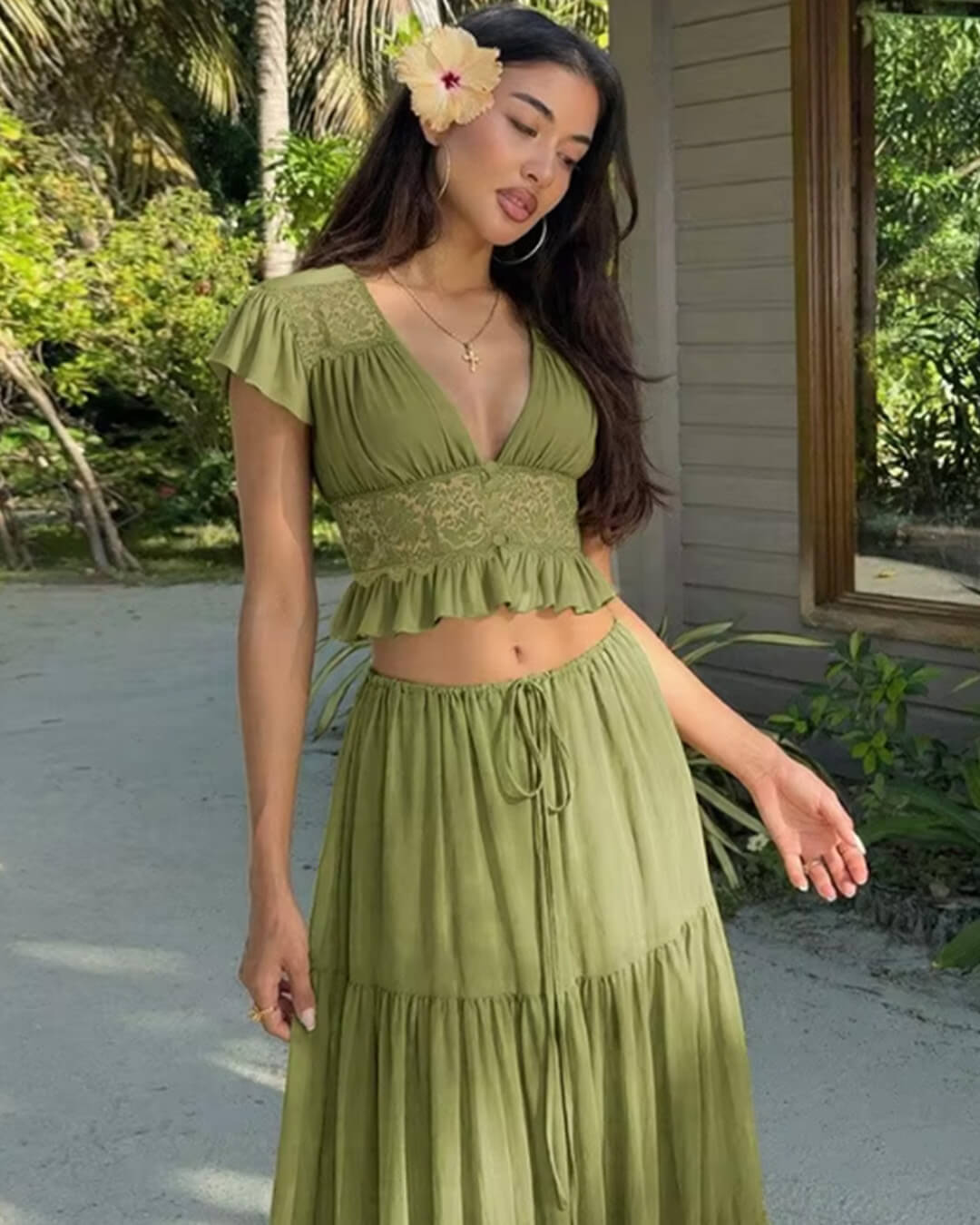 OLANE Ella Lace Crop Top Chiffon Two-Piece Set GreenXSWomen's Sets