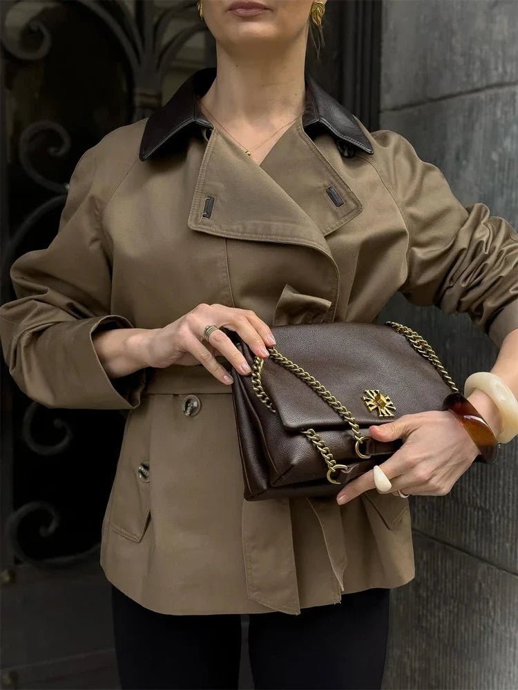 OLANE Faux Leather Collar Belted Trench Coat SWomen's Coats & Jackets