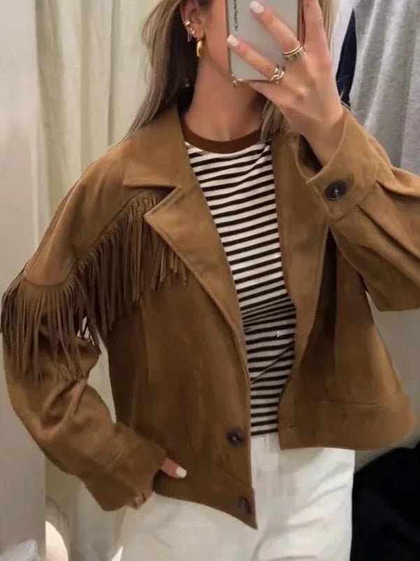 OLANE Faux Suede Lapel Cropped Jacket MWomen's Coats & Jackets