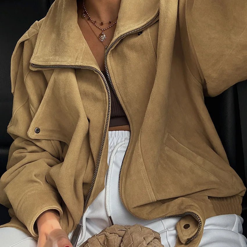 OLANE Faux Suede Oversized Bomber Jacket CamelLJacket